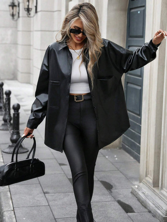 Essnce Women's Plain Color Commuter Casual Front Button Shirt Collar Pocket Detail Faux Leather Coat