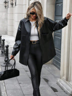 Essnce Women's Plain Color Commuter Casual Front Button Shirt Collar Pocket Detail Faux Leather Coat