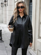 Essnce Women's Plain Color Commuter Casual Front Button Shirt Collar Pocket Detail Faux Leather Coat