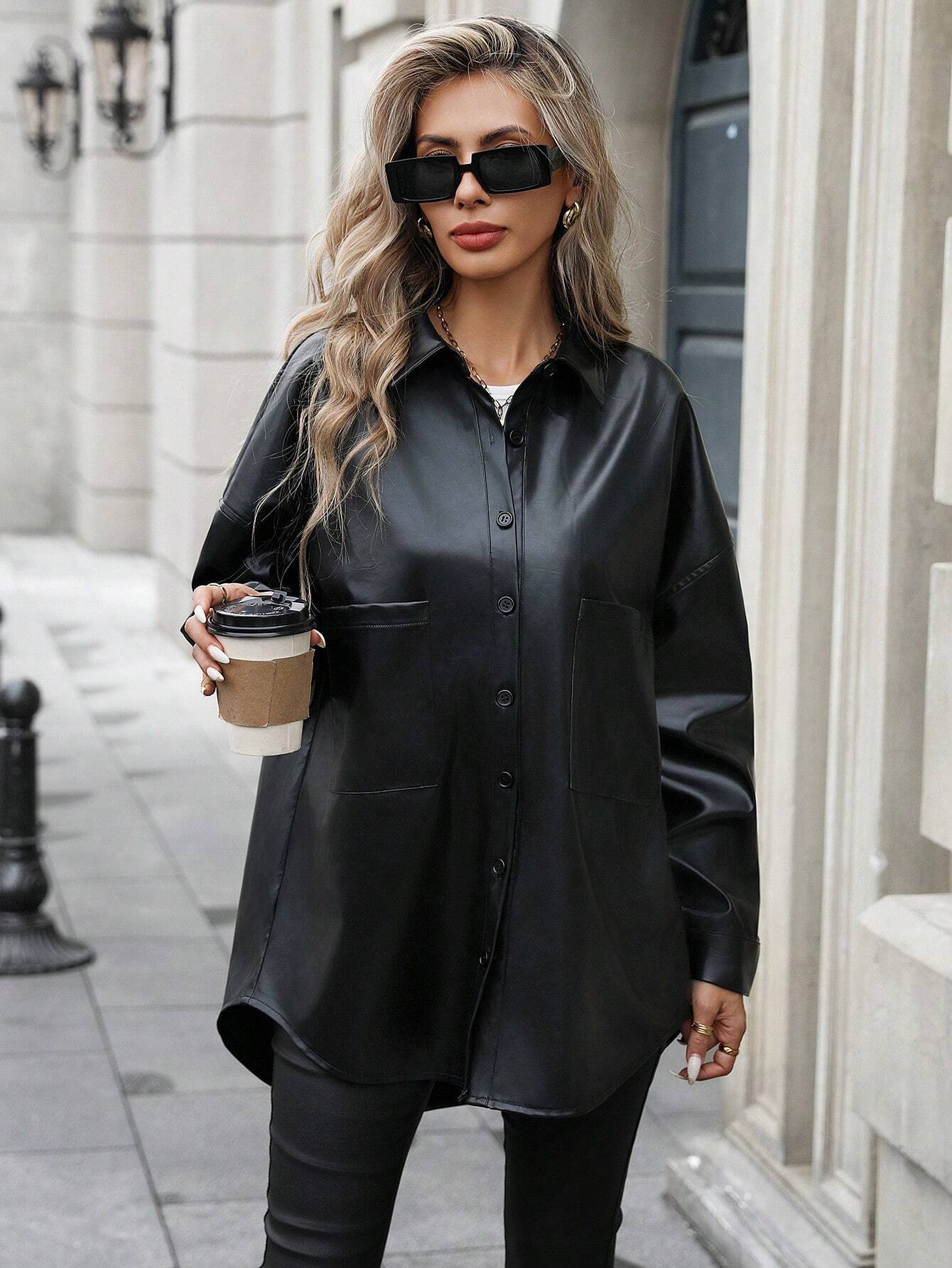 Essnce Women's Plain Color Commuter Casual Front Button Shirt Collar Pocket Detail Faux Leather Coat