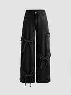 Stylish Bow-Tie Decor Utility Boyfriend Loose Fit Black Wide Leg Jeans shein