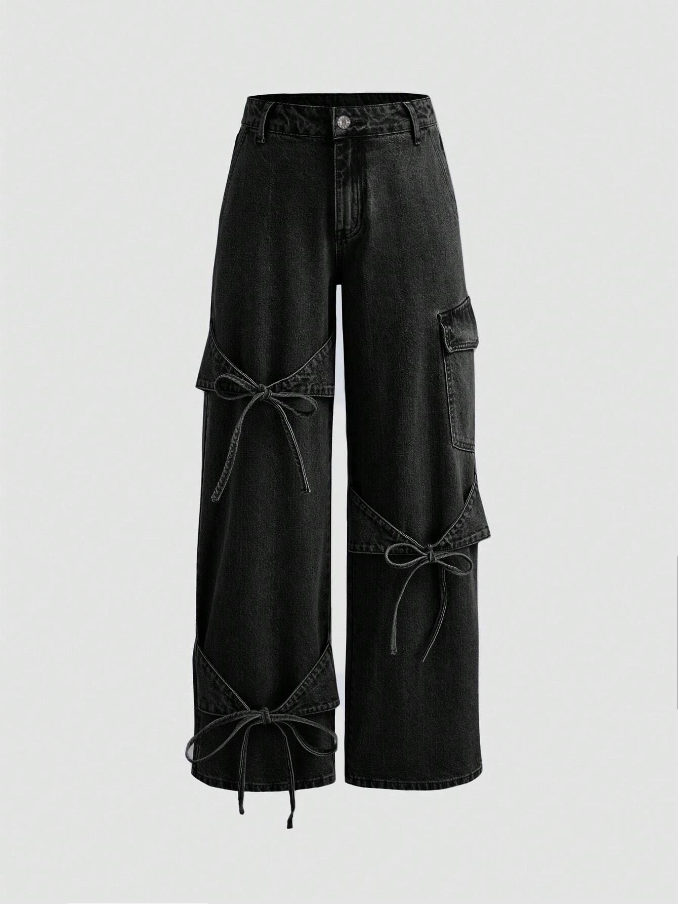 Stylish Bow-Tie Decor Utility Boyfriend Loose Fit Black Wide Leg Jeans shein