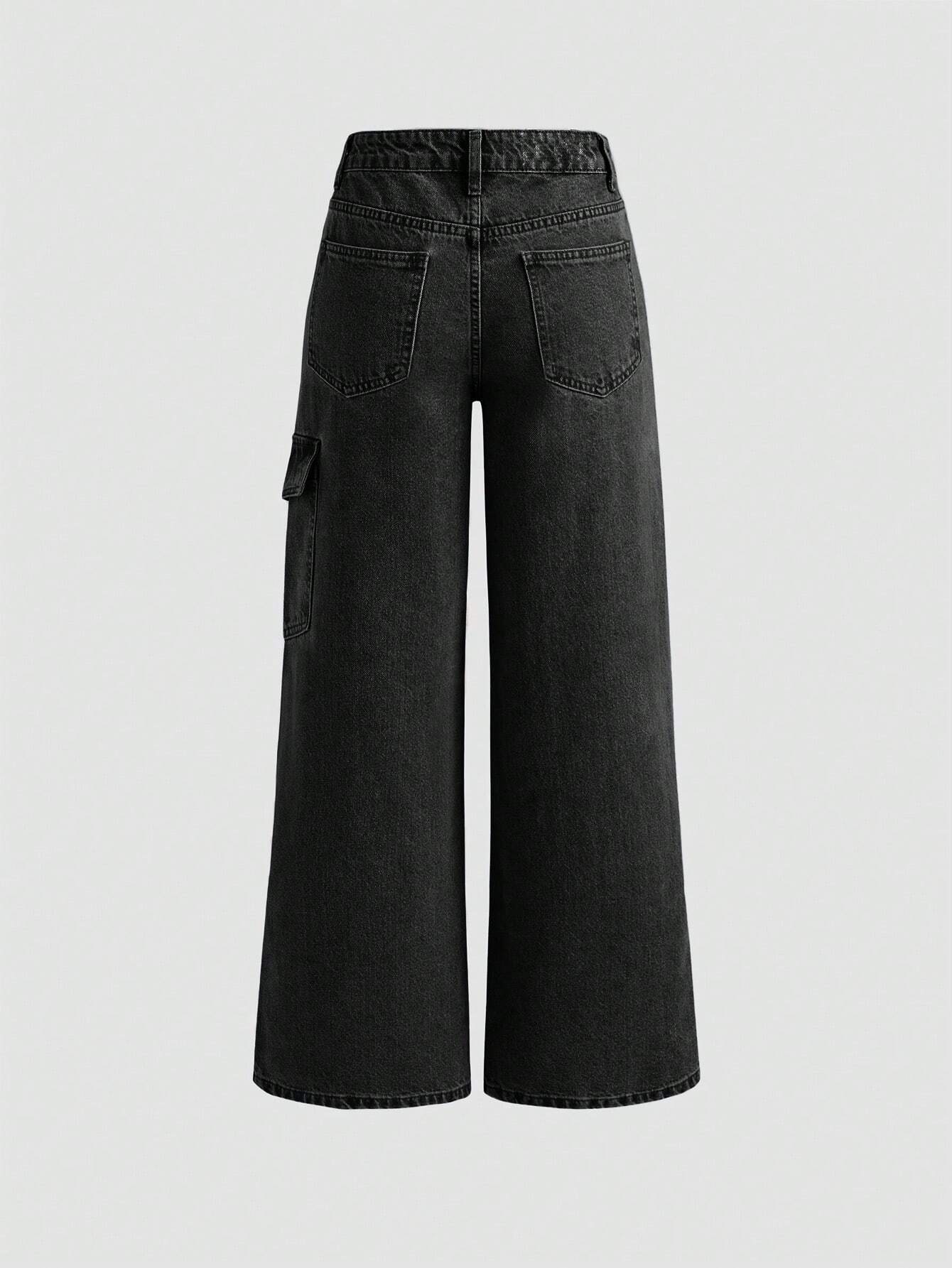 Stylish Bow-Tie Decor Utility Boyfriend Loose Fit Black Wide Leg Jeans shein