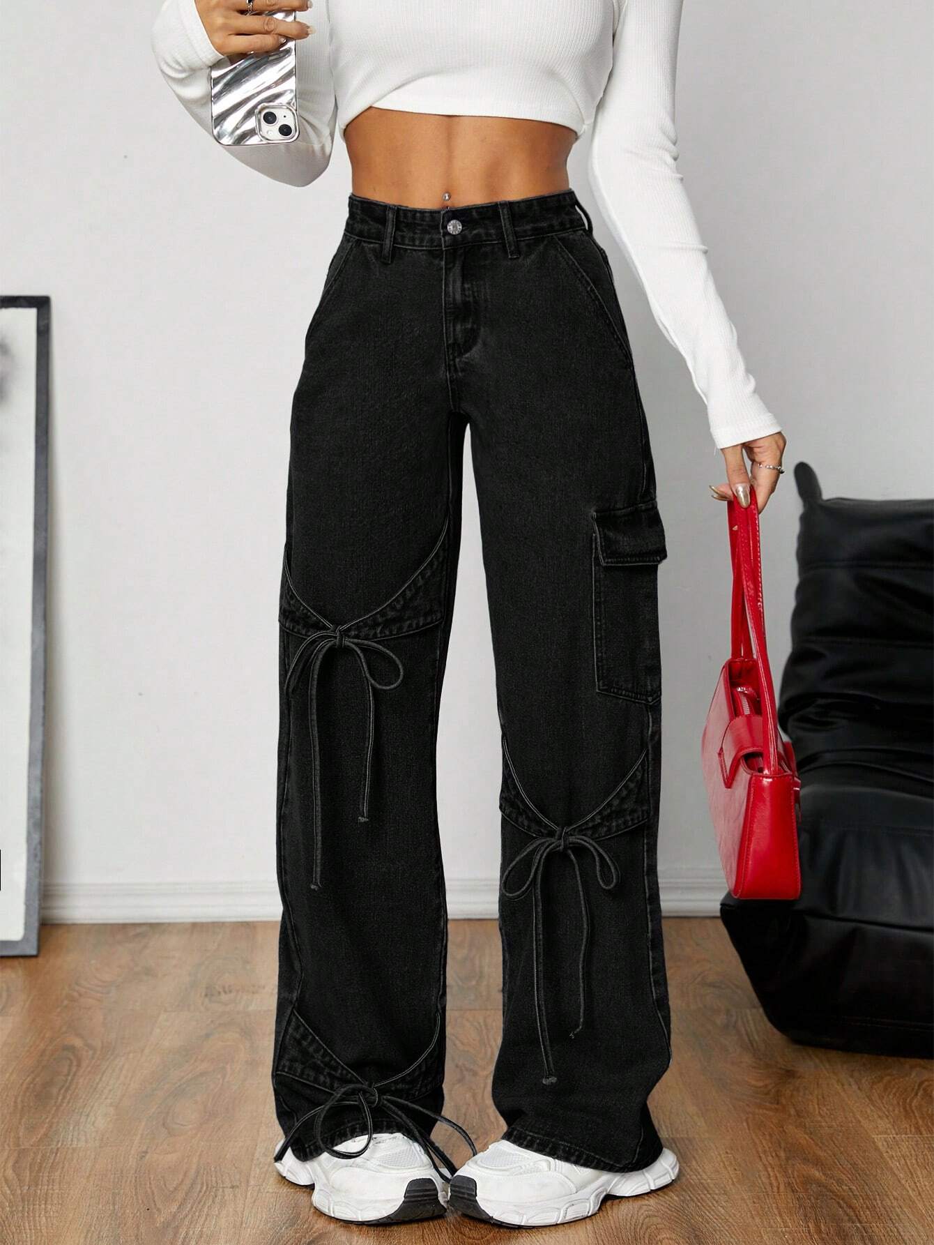 Stylish Bow-Tie Decor Utility Boyfriend Loose Fit Black Wide Leg Jeans shein