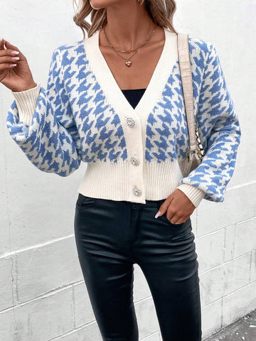 Frenchy Houndstooth Pattern Lantern Sleeve Cardigan