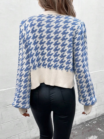 Frenchy Houndstooth Pattern Lantern Sleeve Cardigan