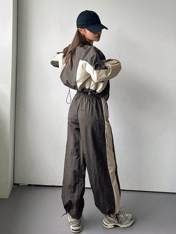 DAZY 2pcs Women Contrast Color Block Long Sleeve Drawstring Front Zip Jacket And Pants Suit
