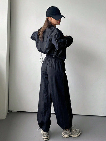 DAZY 2pcs Women Contrast Color Block Long Sleeve Drawstring Front Zip Jacket And Pants Suit