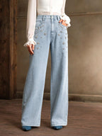 Anewsta Commuting Fashionable Handmade Diamond Christmas Women's Straight Leg Jeans shein