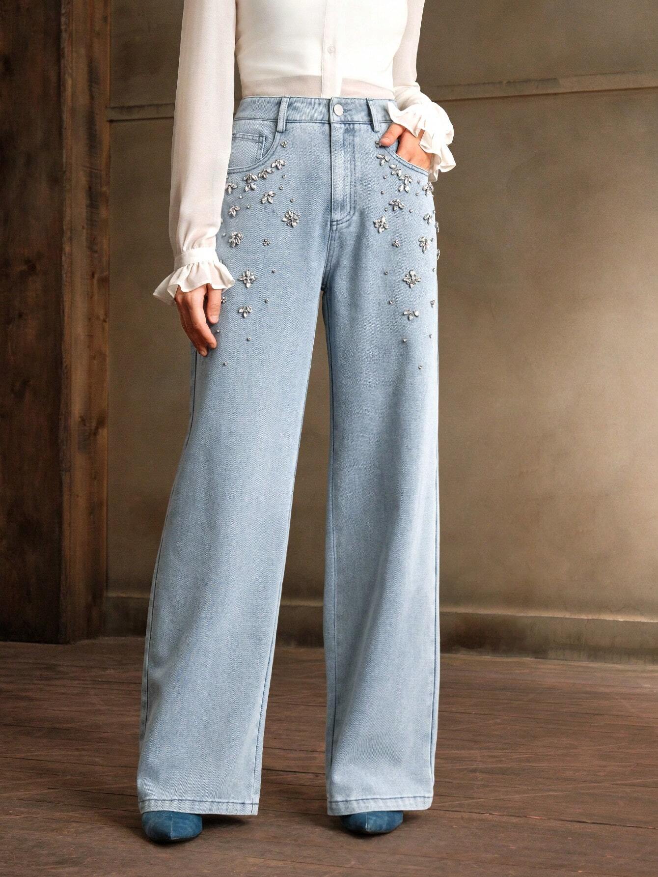 Anewsta Commuting Fashionable Handmade Diamond Christmas Women's Straight Leg Jeans shein