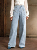 Anewsta Commuting Fashionable Handmade Diamond Christmas Women's Straight Leg Jeans shein