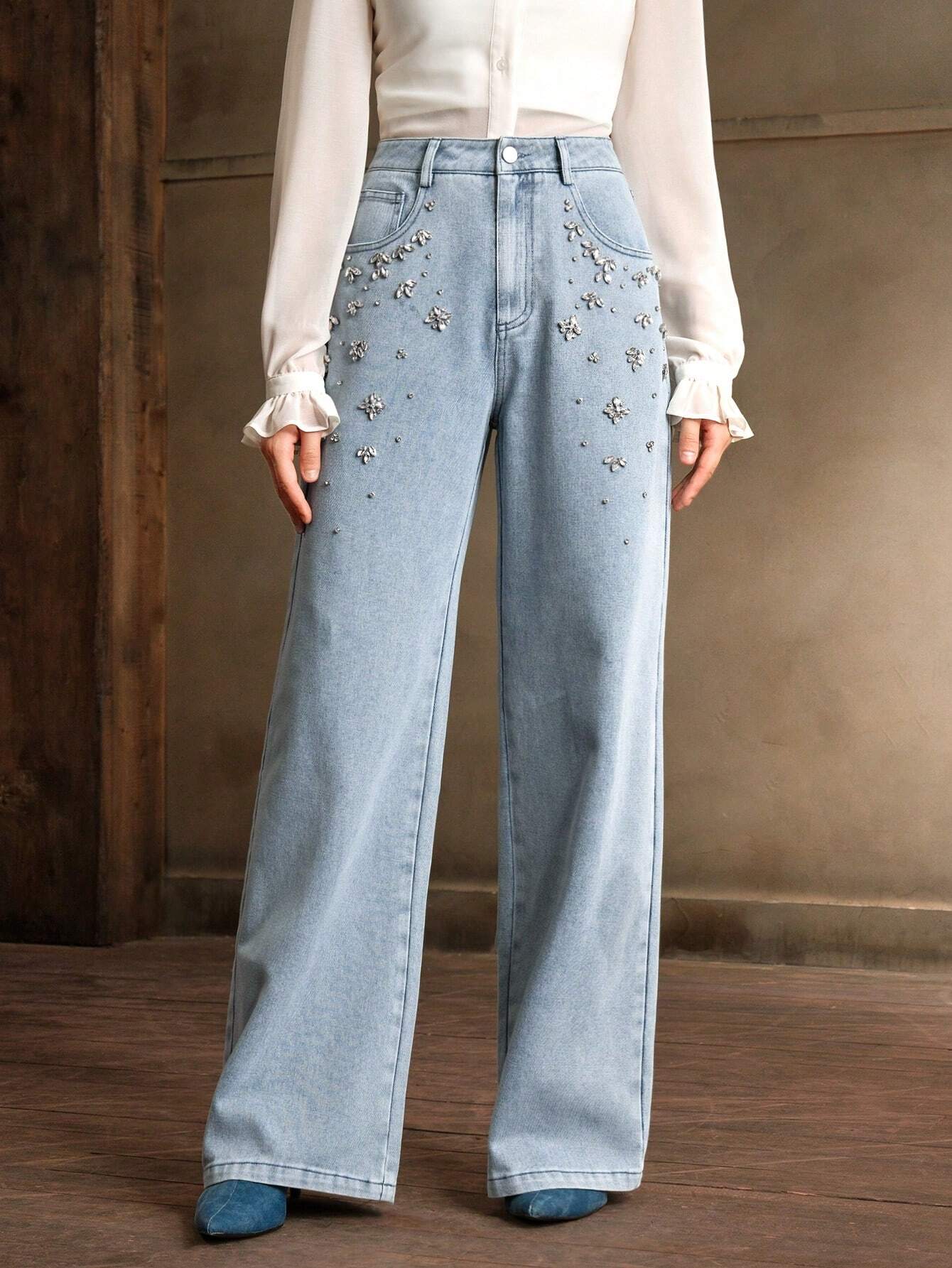 Anewsta Commuting Fashionable Handmade Diamond Christmas Women's Straight Leg Jeans shein