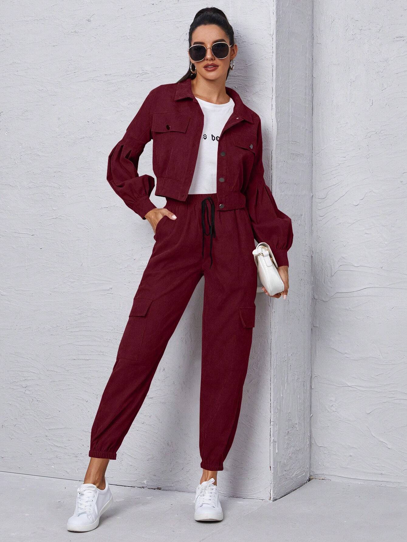 Mulvari Corduroy Flap Detail Jacket With Tie Front Cargo Pants shein