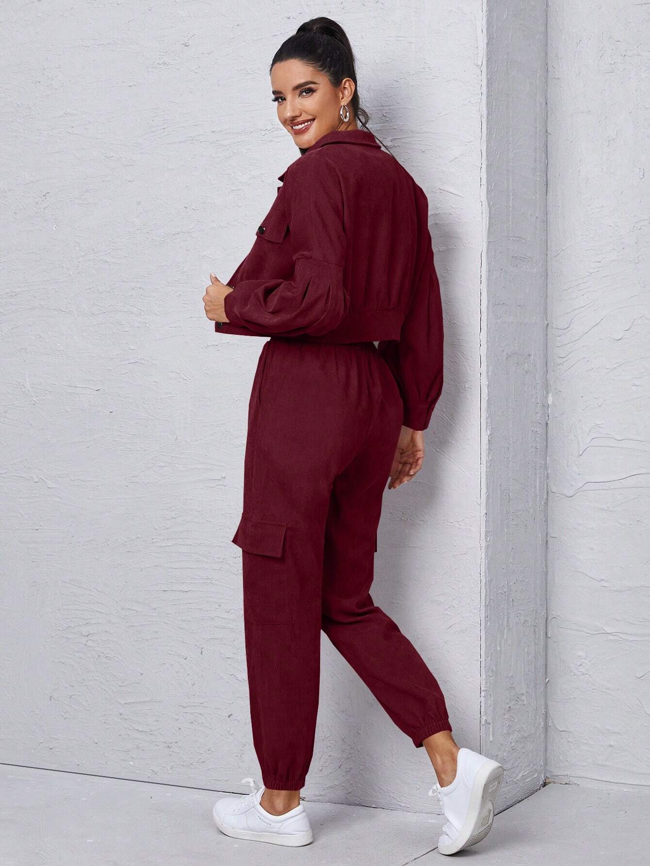Mulvari Corduroy Flap Detail Jacket With Tie Front Cargo Pants shein
