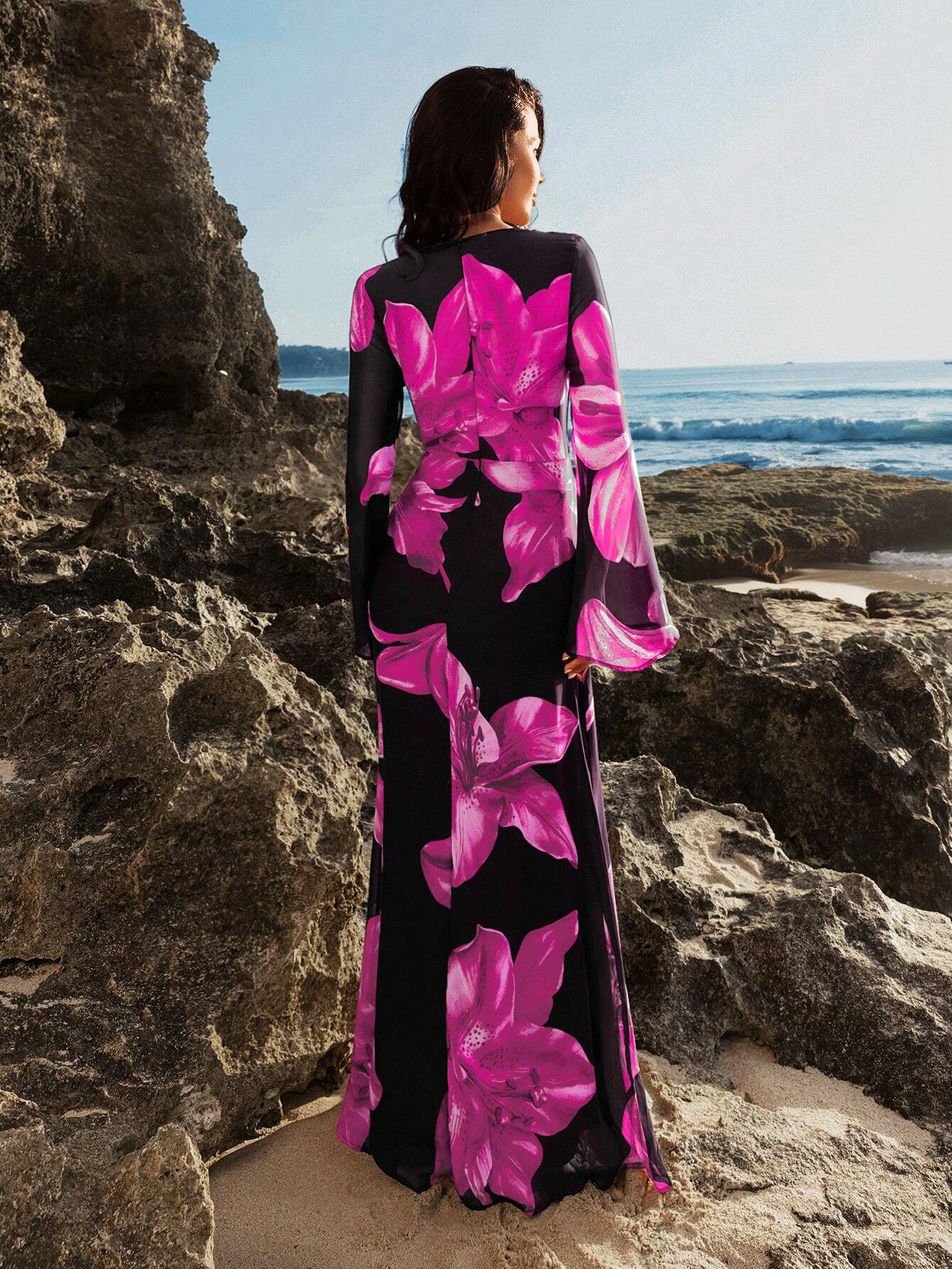Opulessa Women Vacation Floral Print Plunge Neck Long Sleeve Dress shein