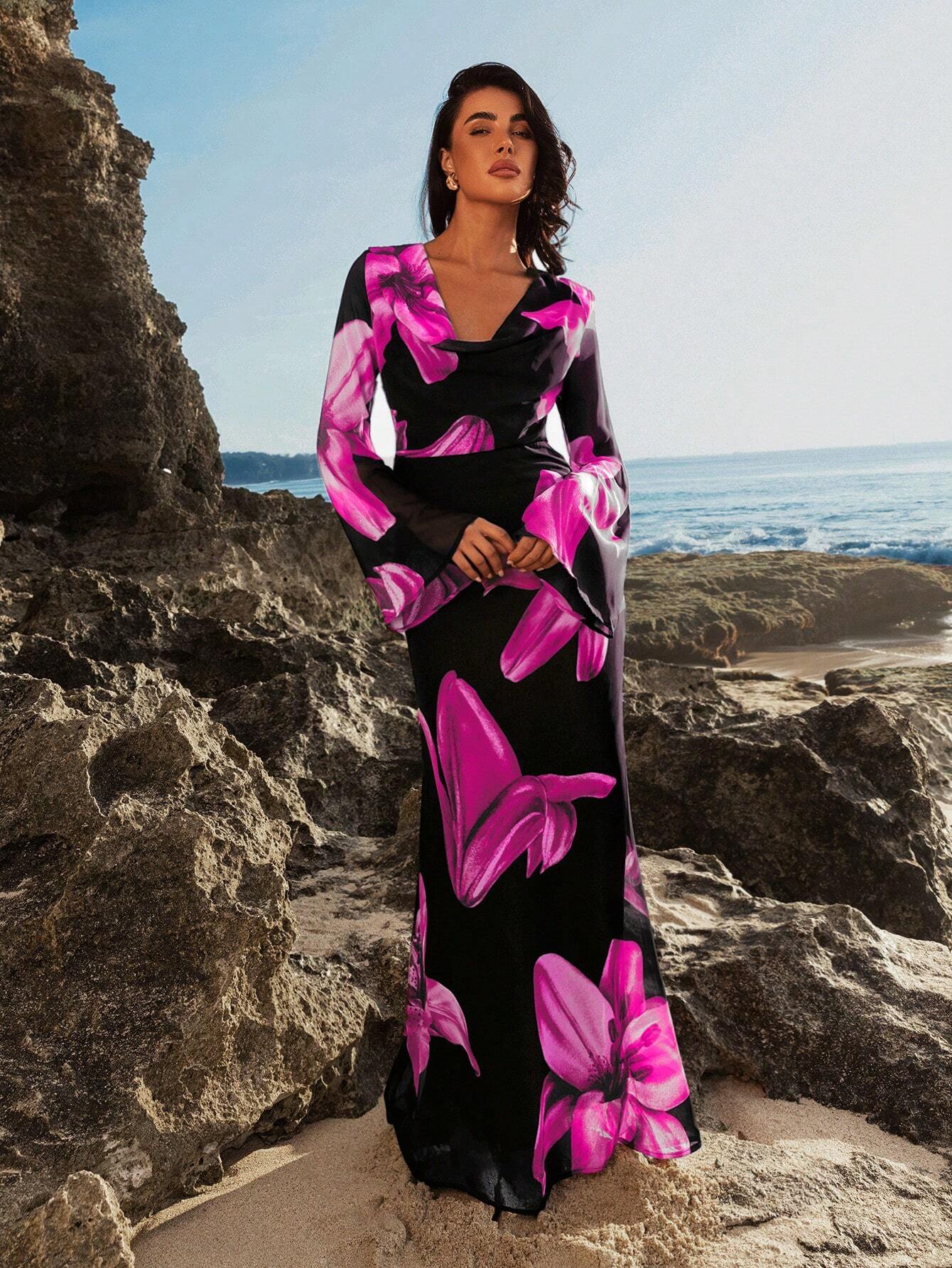 Opulessa Women Vacation Floral Print Plunge Neck Long Sleeve Dress shein