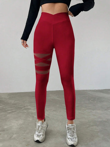 EZwear Mesh Contrast High Waist Slim Fit Leggings