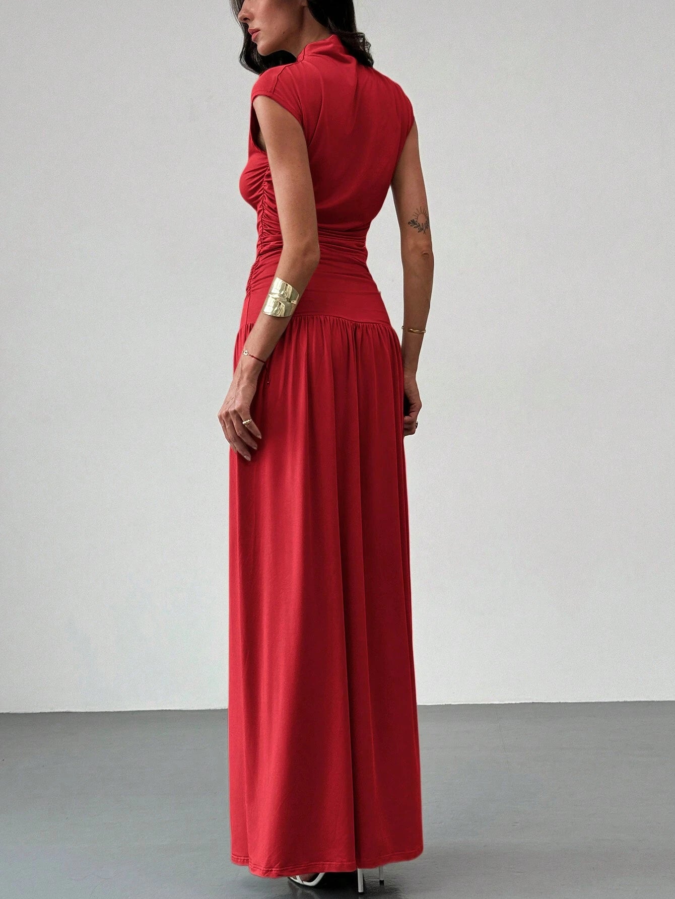 Aloruh New Elegant Stand Collar Pleatered Slim Fit Top And High Waist Skirt shein