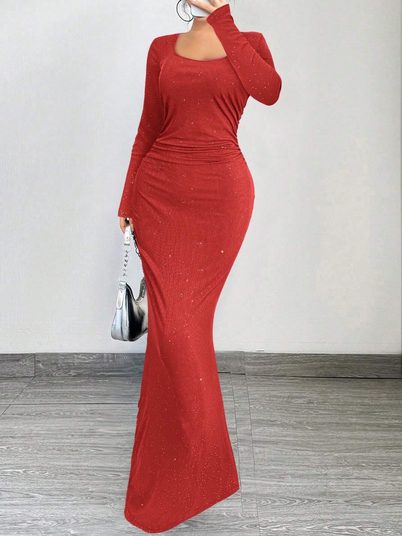 SXY Elegant And Glamorous Ruched Waist Fitted Black Glittery Square Neck Long Sleeve Dress shein
