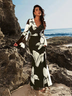 Opulessa Women Vacation Floral Print Plunge Neck Long Sleeve Dress shein