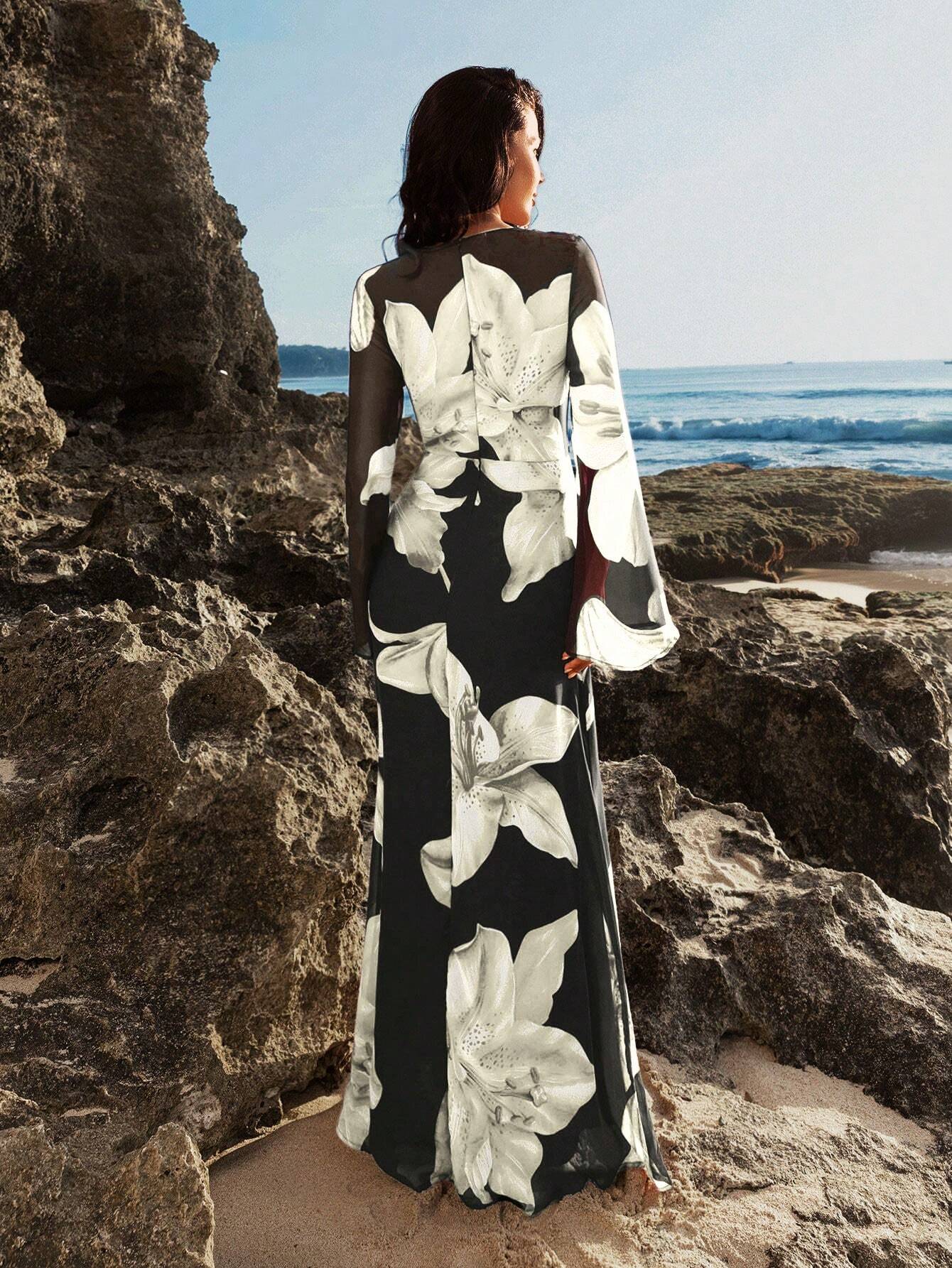 Opulessa Women Vacation Floral Print Plunge Neck Long Sleeve Dress shein