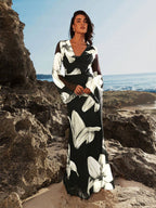 Opulessa Women Vacation Floral Print Plunge Neck Long Sleeve Dress shein