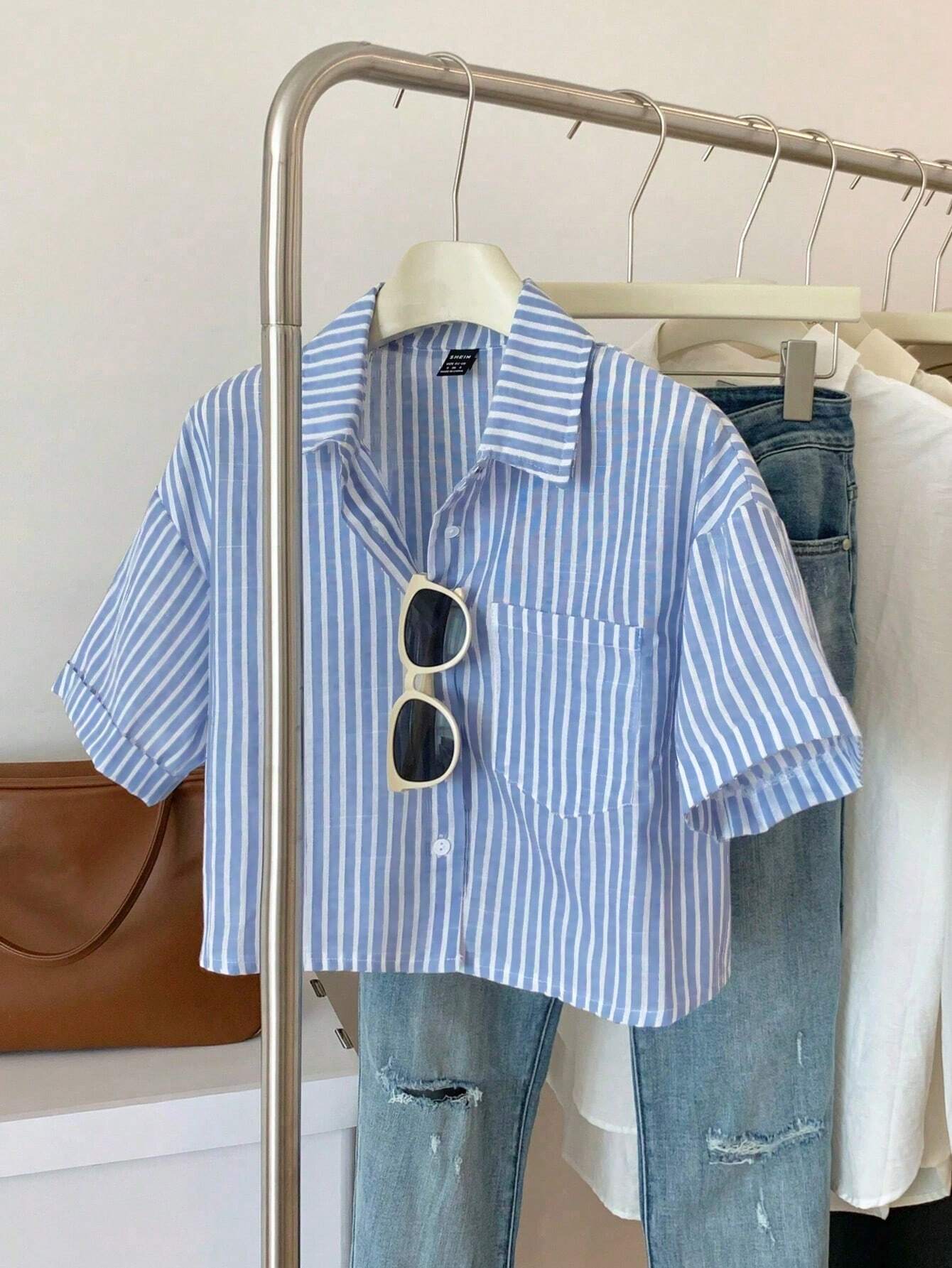 MOOSTA Striped Cropped Relaxed Casual Women Oversized Cuffed Sleeve Blouse shein
