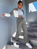 MOOSTA Two Tone Drop Shoulder Letter Tape Zipper Up Jacket & Cargo Pants shein