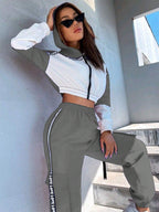 MOOSTA Two Tone Drop Shoulder Letter Tape Zipper Up Jacket & Cargo Pants shein