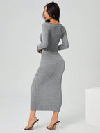 PETITE Autumn Wear Solid Color Square Neck Tight Black Long-Sleeved Dress shein