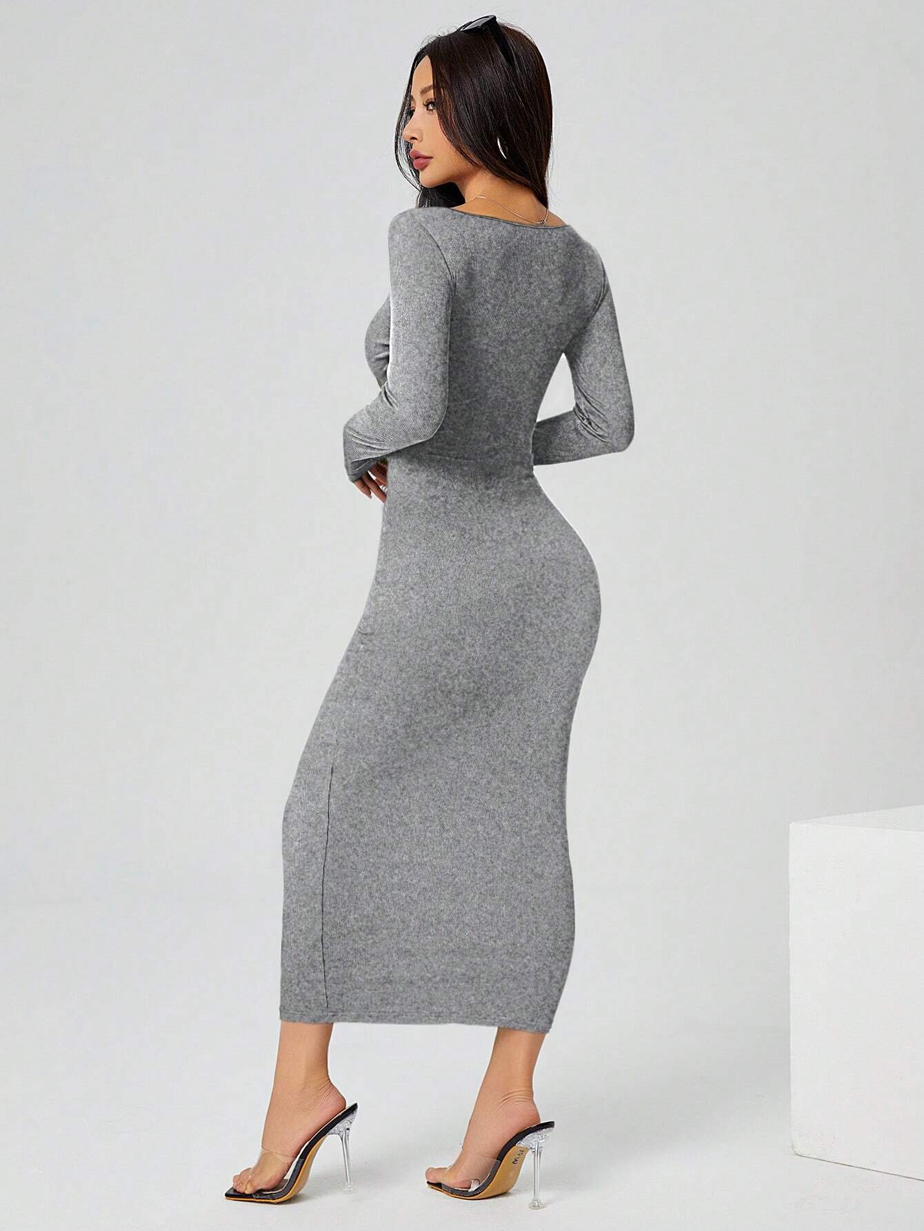 PETITE Autumn Wear Solid Color Square Neck Tight Black Long-Sleeved Dress shein