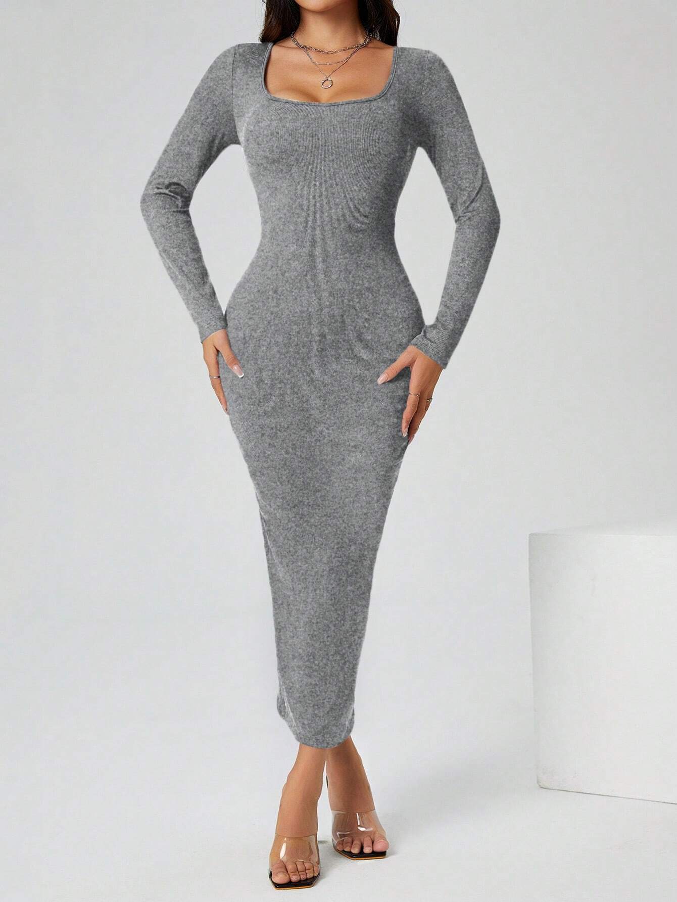 PETITE Autumn Wear Solid Color Square Neck Tight Black Long-Sleeved Dress shein