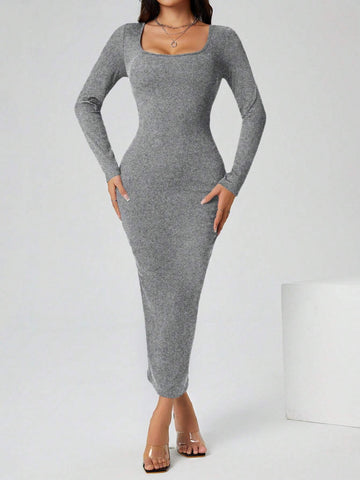 PETITE Autumn Wear Solid Color Square Neck Tight Black Long-Sleeved Dress