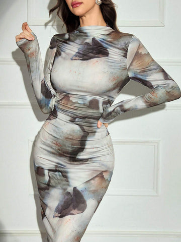 Modelyn Women's Tie-Dye Print Stand Collar Long Sleeve Pleated Fitted Long Dress