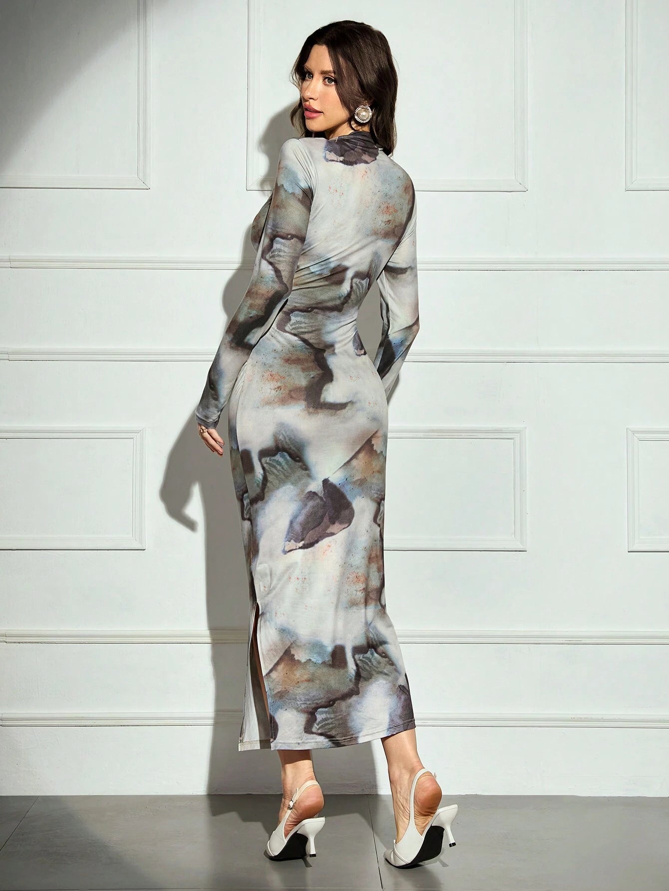 Modelyn Women's Tie-Dye Print Stand Collar Long Sleeve Pleated Fitted Long Dress shein