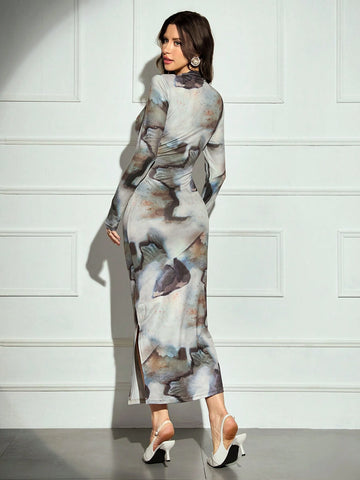 Modelyn Women's Tie-Dye Print Stand Collar Long Sleeve Pleated Fitted Long Dress