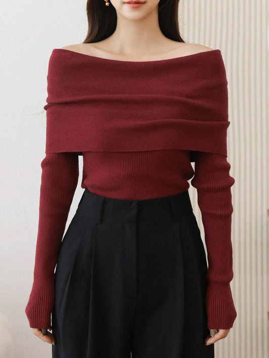 DAZY 1pc Women Solid Color Off Shoulder Long Sleeve Ribbed Casual Sweater Off Shoulder Sweater