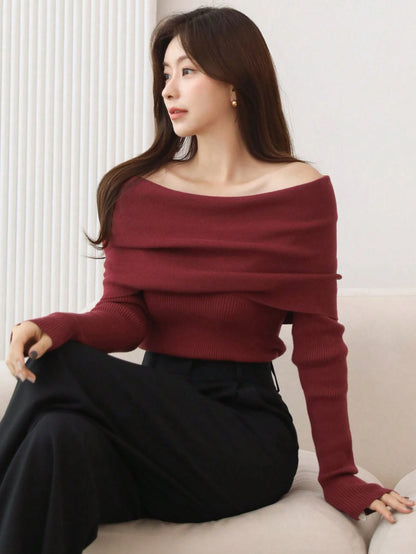 DAZY 1pc Women Solid Color Off Shoulder Long Sleeve Ribbed Casual Sweater Off Shoulder Sweater