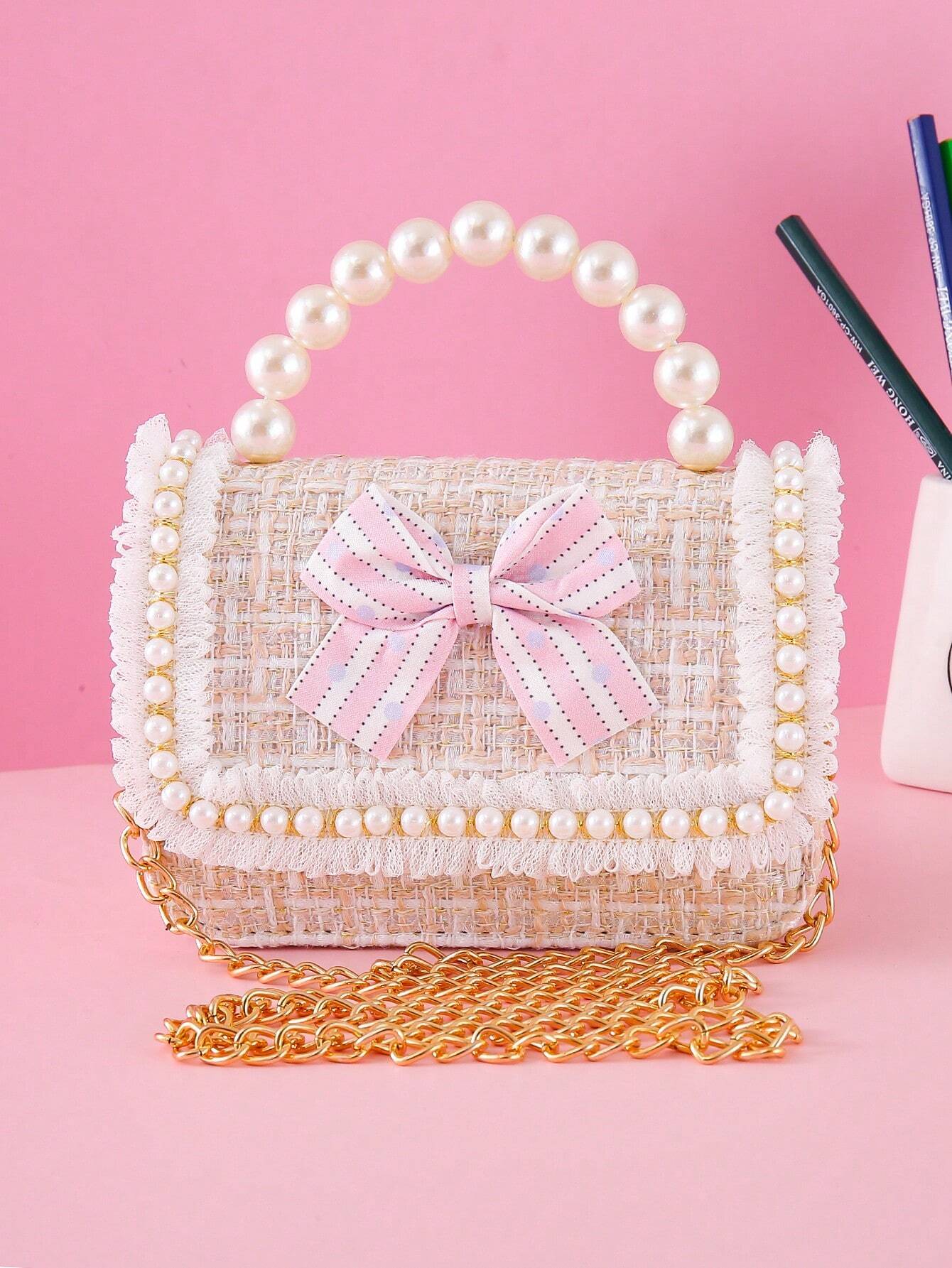 1pc Mini Girls' Cloth Shoulder Bag With Bowknot, Pearl Beads, Lace Edge And Metal Chain shein