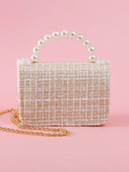 1pc Mini Girls' Cloth Shoulder Bag With Bowknot, Pearl Beads, Lace Edge And Metal Chain shein