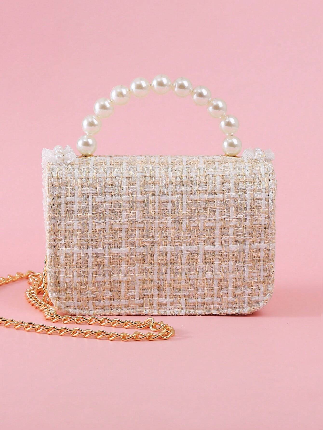 1pc Mini Girls' Cloth Shoulder Bag With Bowknot, Pearl Beads, Lace Edge And Metal Chain shein