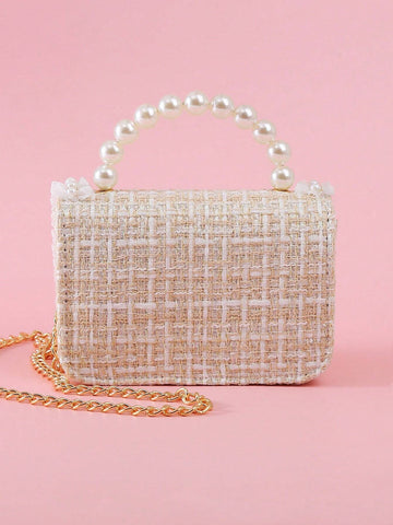 1pc Mini Girls' Cloth Shoulder Bag With Bowknot, Pearl Beads, Lace Edge And Metal Chain