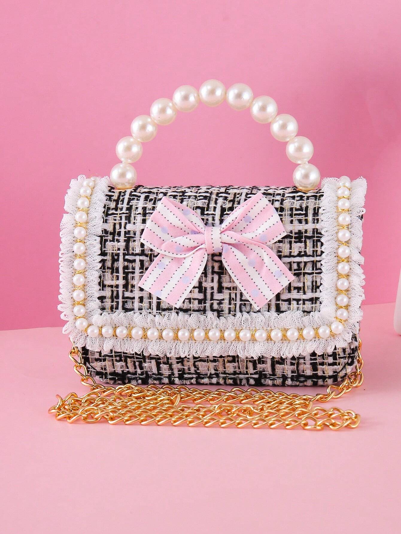1pc Mini Girls' Cloth Shoulder Bag With Bowknot, Pearl Beads, Lace Edge And Metal Chain shein