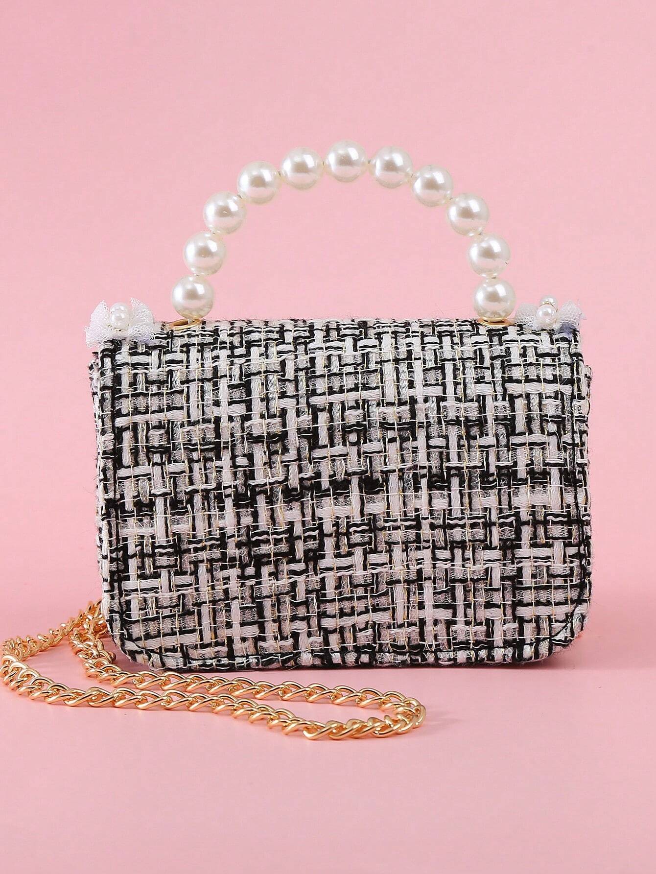 1pc Mini Girls' Cloth Shoulder Bag With Bowknot, Pearl Beads, Lace Edge And Metal Chain shein