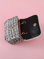 1pc Mini Girls' Cloth Shoulder Bag With Bowknot, Pearl Beads, Lace Edge And Metal Chain shein