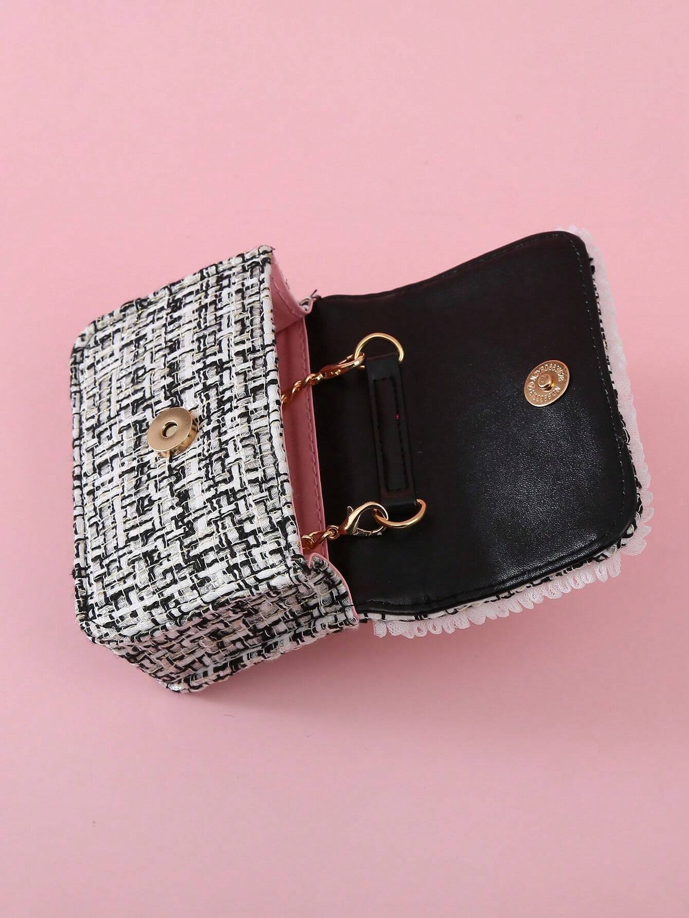 1pc Mini Girls' Cloth Shoulder Bag With Bowknot, Pearl Beads, Lace Edge And Metal Chain shein