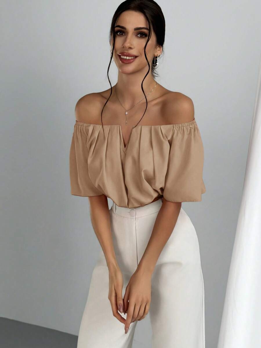 Women's Summer Solid Color Off Shoulder V Neck And Elastic Waist Blouse shein