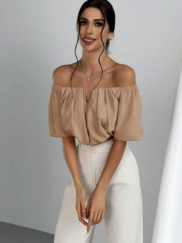 Women's Summer Solid Color Off Shoulder V Neck And Elastic Waist Blouse