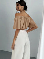 Women's Summer Solid Color Off Shoulder V Neck And Elastic Waist Blouse shein