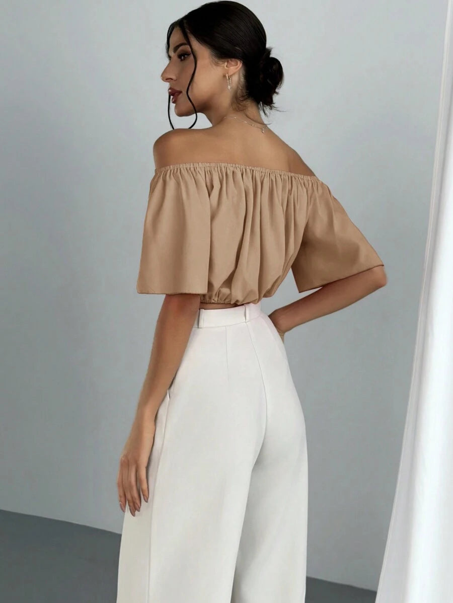 Women's Summer Solid Color Off Shoulder V Neck And Elastic Waist Blouse shein